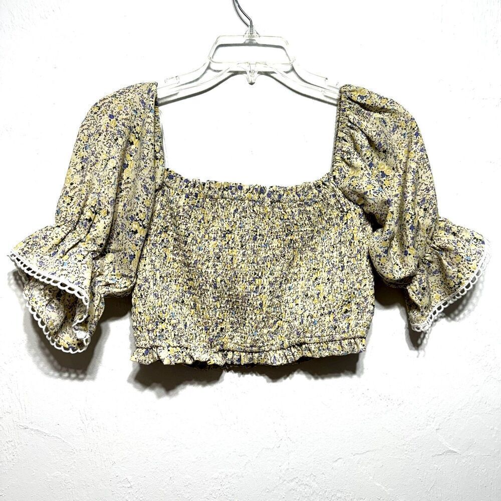 Nibi MTK Blouse Stretch Crop Puff Sleeve Top Cream Micro Floral Womens sz Small